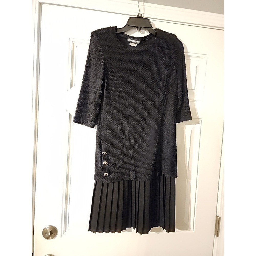 Sharade of California 2 Piece Dress Set Pleated Lace Overlay 8P Black Flapper